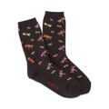 Pair of dark grey crew socks with a whimsical pattern of colorful dragonflies. 