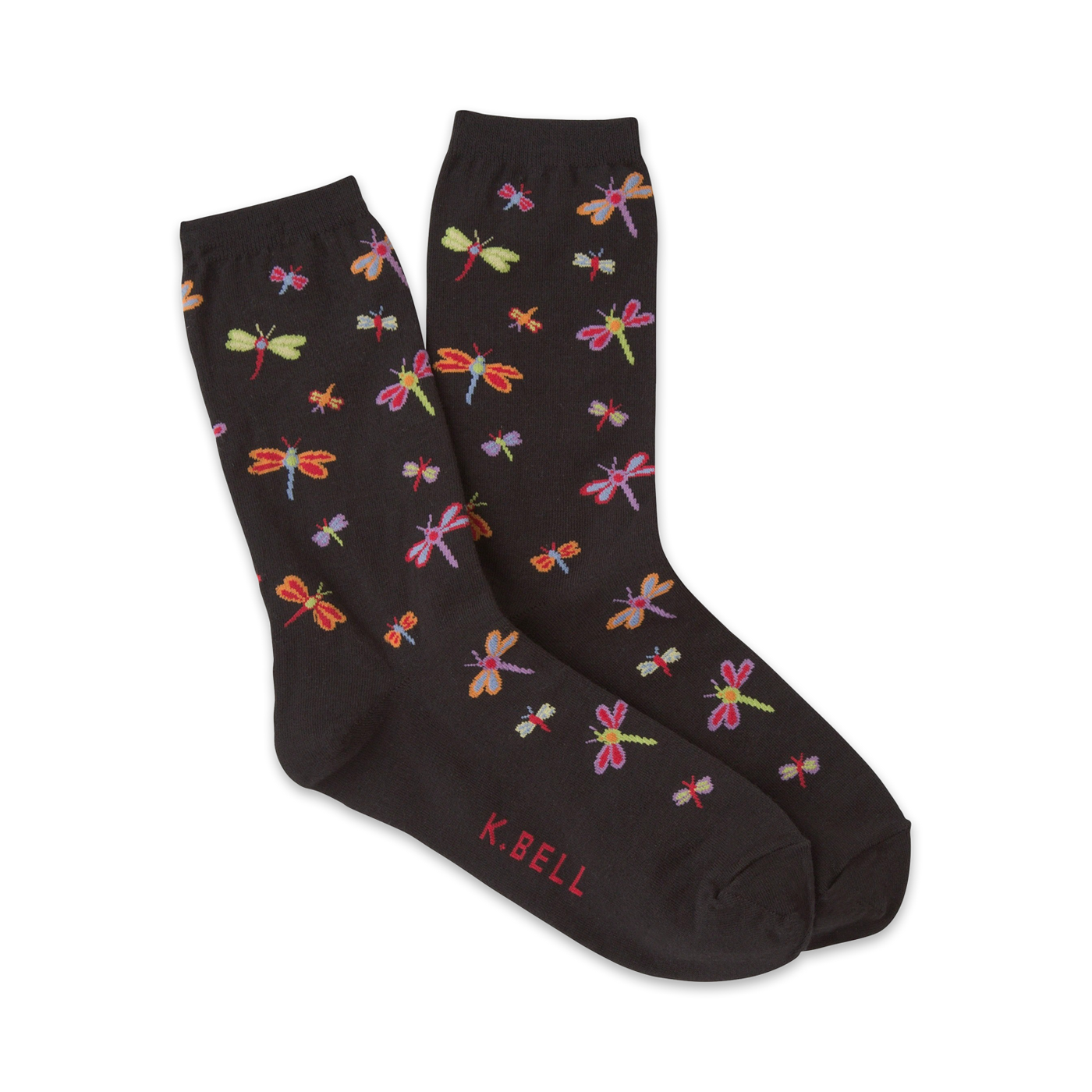 Pair of dark grey crew socks with a whimsical pattern of colorful dragonflies. 