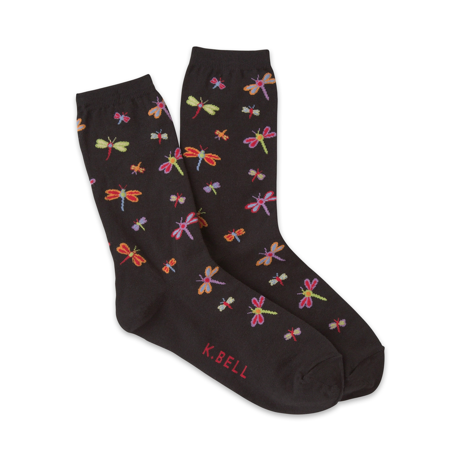 Pair of dark grey crew socks with a whimsical pattern of colorful dragonflies. 