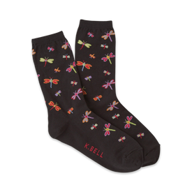black crew socks with a multi-colored dragonfly pattern.   
