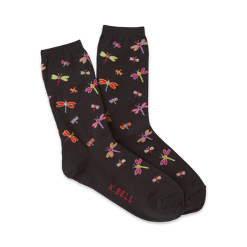 black crew socks with a multi-colored dragonfly pattern.   