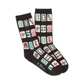 Pair of black crew socks with colorful Mah Jong tile designs. Red, green, and white tiles are featured on a dark background.