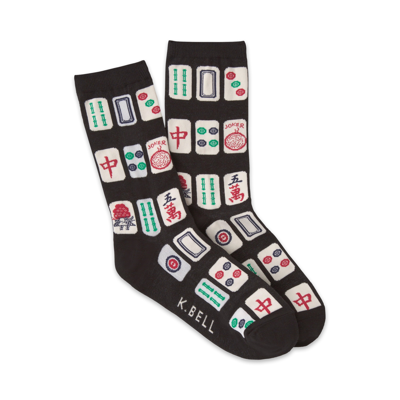 Pair of black crew socks with colorful Mah Jong tile designs. Red, green, and white tiles are featured on a dark background.