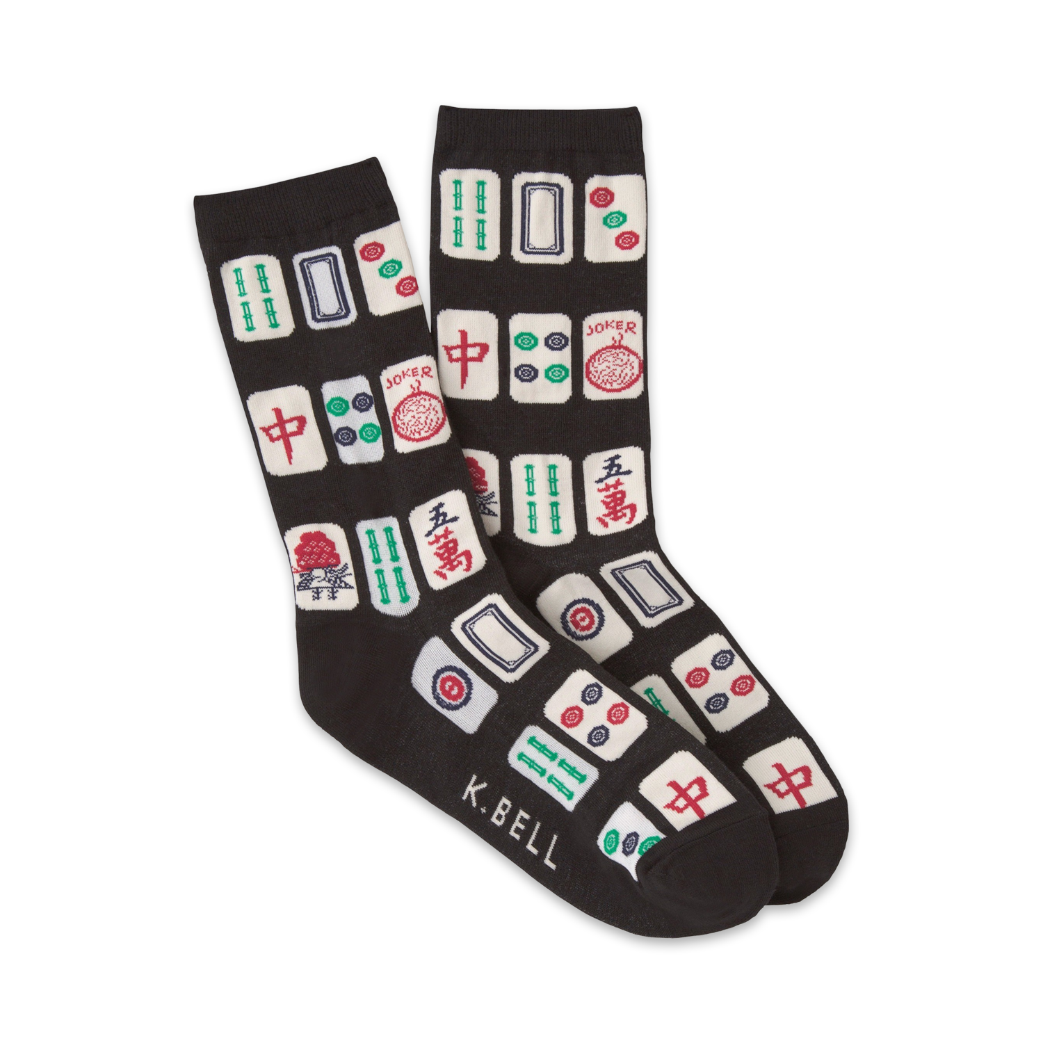 Pair of black crew socks with colorful Mah Jong tile designs. Red, green, and white tiles are featured on a dark background.