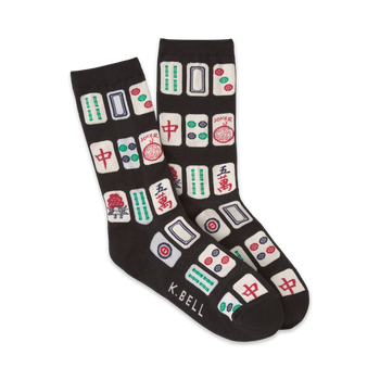 women's crew socks in black with a pattern of red, green, and white mah jong tiles, ribbed top, reinforced toe and heel.   