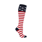 Close-up of a single American Flag knee-high sock, showcasing the design detail against a black background.