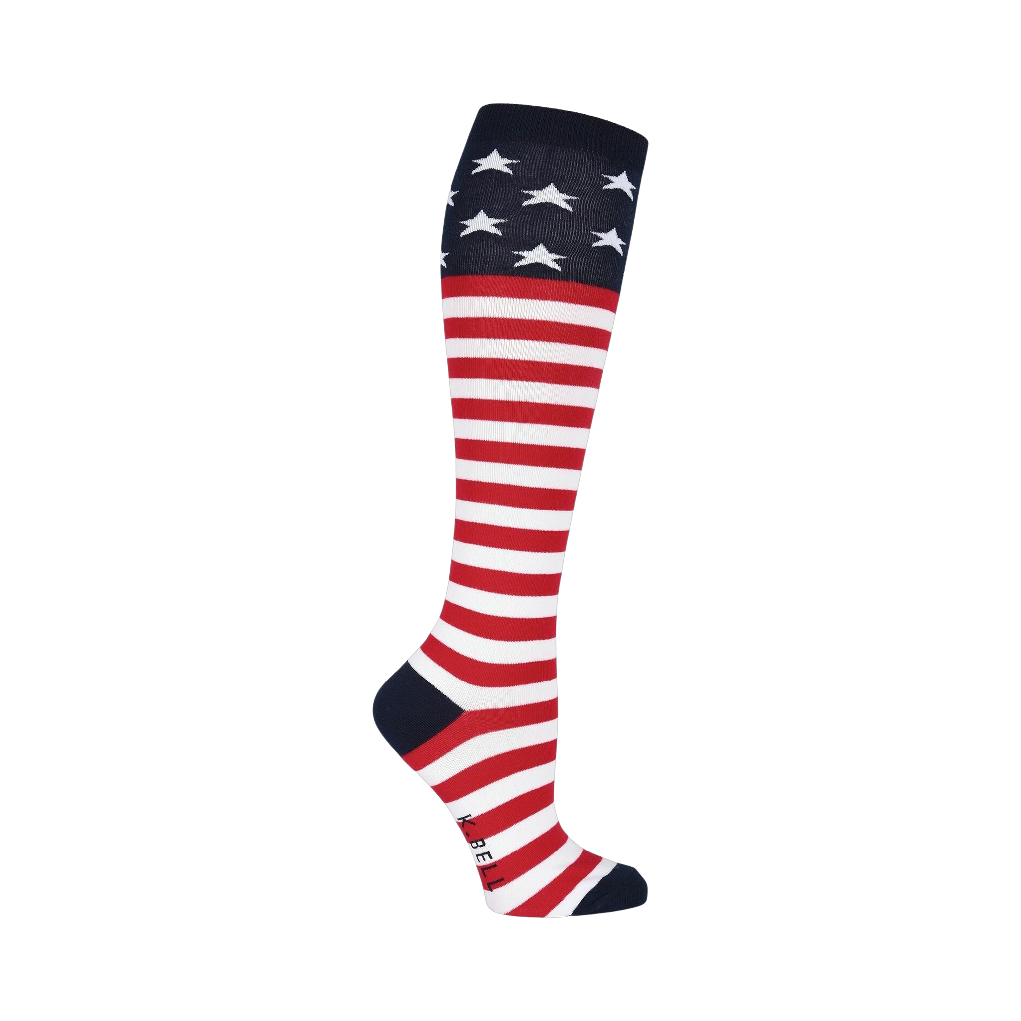 Close-up of a single American Flag knee-high sock, showcasing the design detail against a black background.