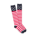 Pair of red, white, and blue knee-high socks with an American flag design.  Stars at the top, stripes on the lower leg.
