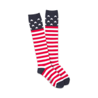 Pair of red, white, and blue knee-high socks with an American flag design.  Stars at the top, stripes on the lower leg.
