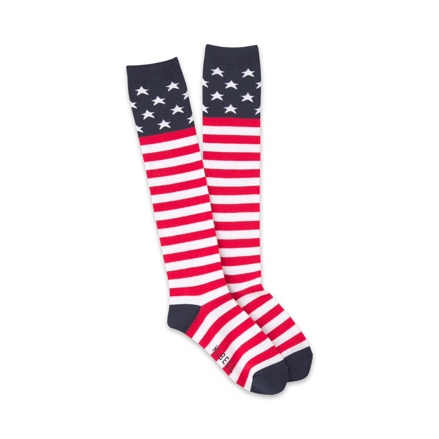 Pair of red, white, and blue knee-high socks with an American flag design.  Stars at the top, stripes on the lower leg.