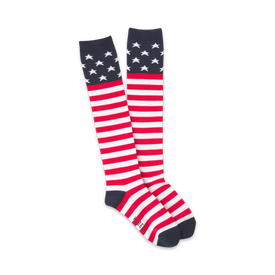  usa knee-high socks for women, red, white, and blue stars and stripes pattern.  