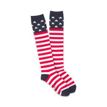  usa knee-high socks for women, red, white, and blue stars and stripes pattern.  