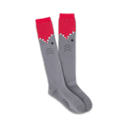 Pair of gray knee-high socks with a red shark face design. The shark's mouth is open, showing sharp teeth.