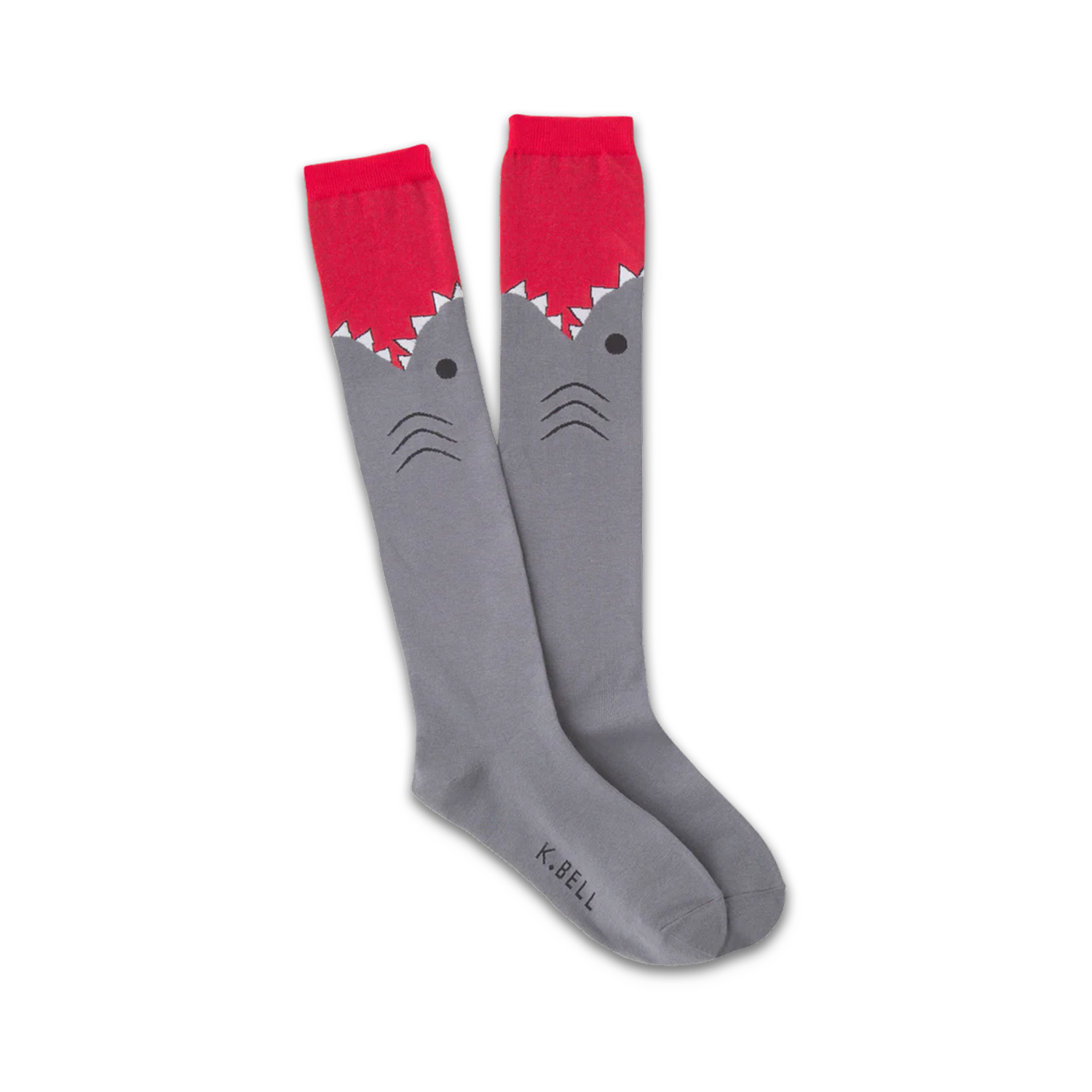 Pair of gray knee-high socks with a red shark face design. The shark's mouth is open, showing sharp teeth.