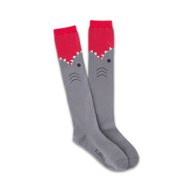gray knee high women's socks with red cuff. shark face design with gray body, white belly, red mouth and white teeth.   