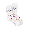 Pair of white crew socks with EKG lines, red hearts, and medical icons like bandages and stethoscopes in red, blue, and green.