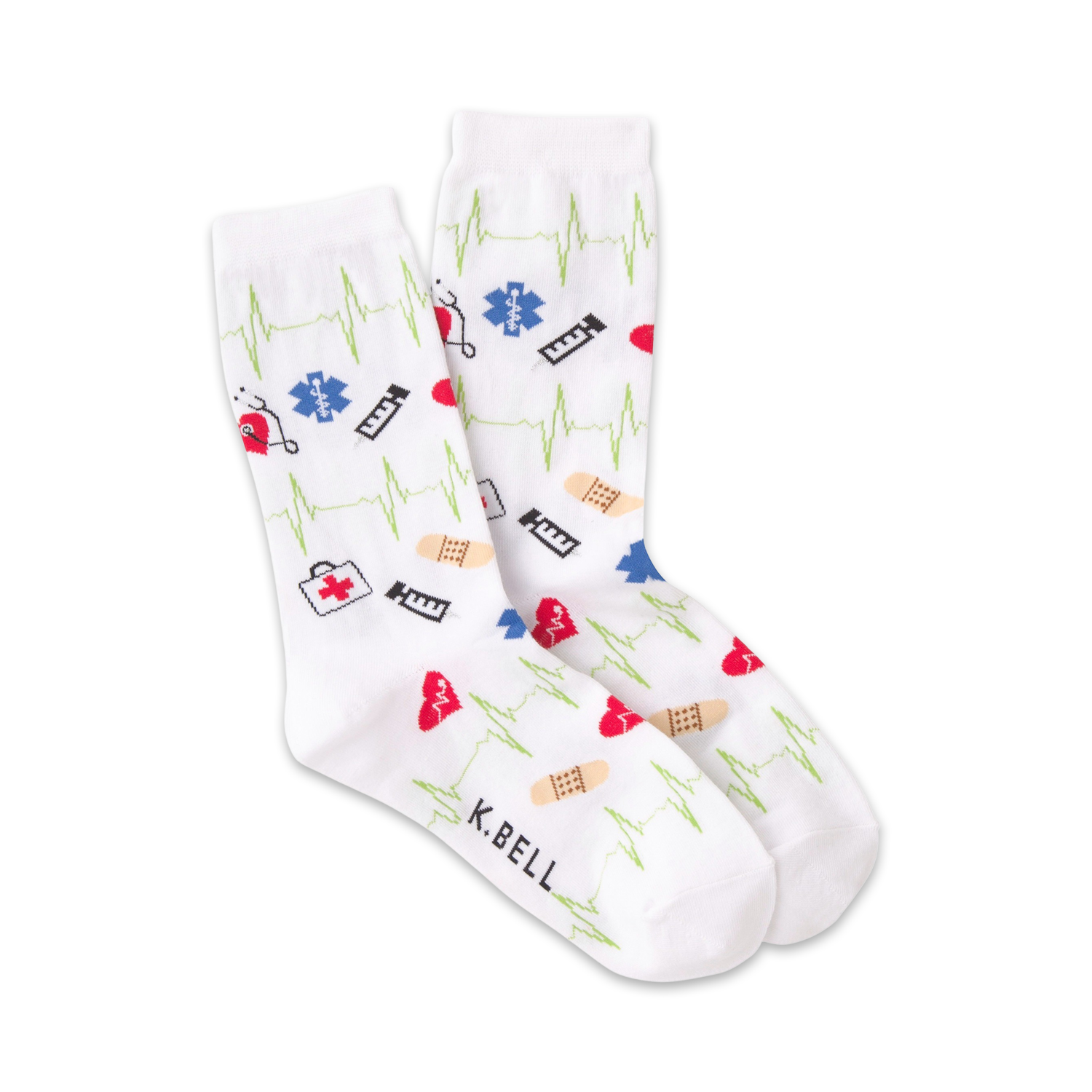 Pair of white crew socks with EKG lines, red hearts, and medical icons like bandages and stethoscopes in red, blue, and green.