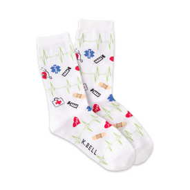 women's crew socks with medical symbols like hearts, ekg lines, caduceus, first aid kits, and bandages.  