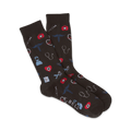 A pair of dark gray crew socks with a pattern of red and blue medical icons like syringes, hearts, and stethoscopes.
