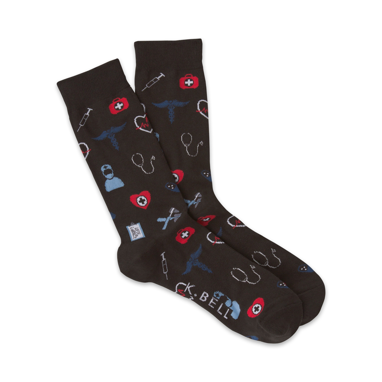 A pair of dark gray crew socks with a pattern of red and blue medical icons like syringes, hearts, and stethoscopes.
