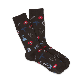  medical-themed socks in dark brown with red and blue accents featuring stethoscope, syringe, heart & first aid kit symbols. mens crew length.  