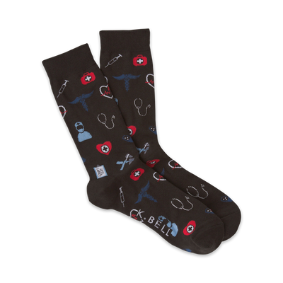  medical-themed socks in dark brown with red and blue accents featuring stethoscope, syringe, heart & first aid kit symbols. mens crew length.  