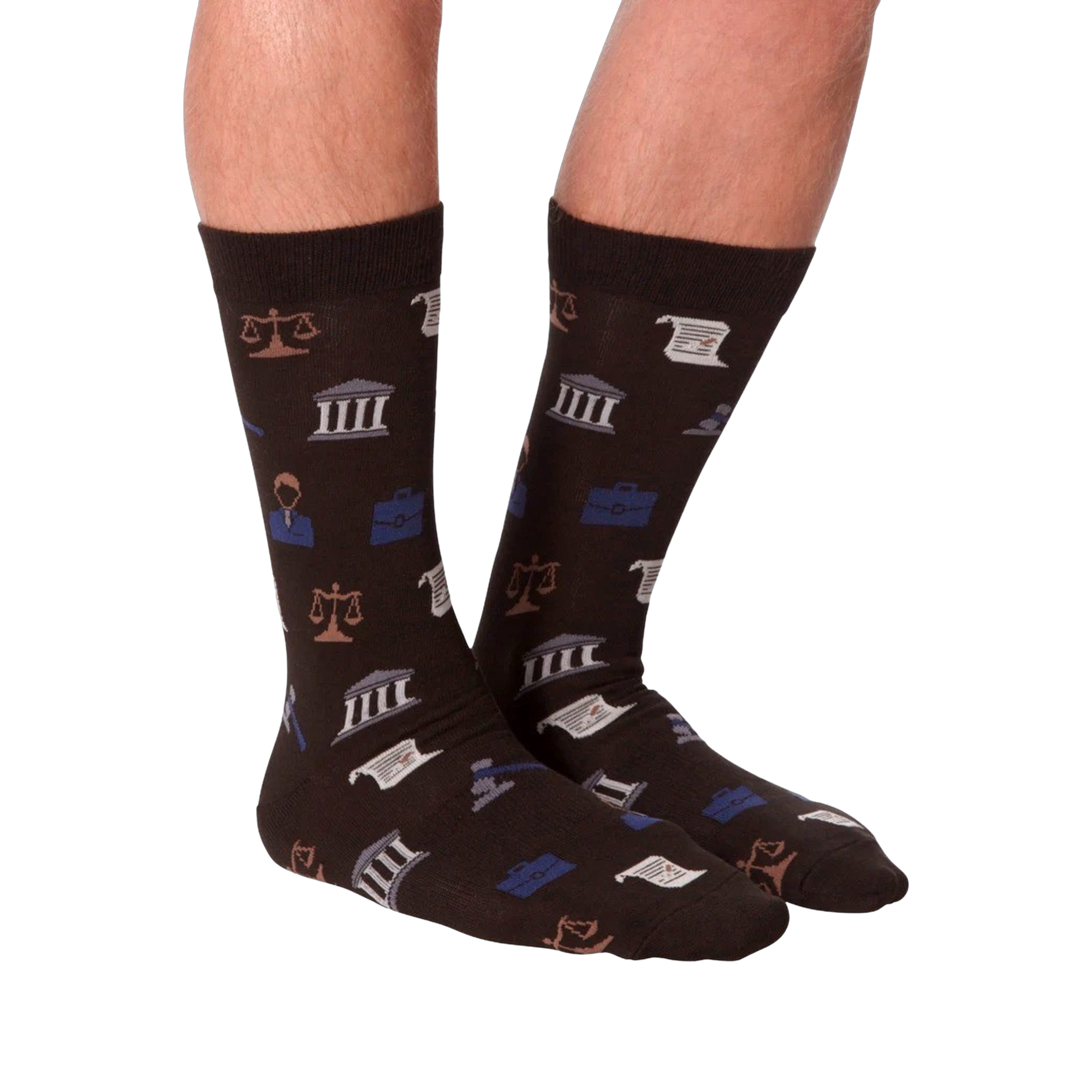 Lifestyle shot: A model is wearing the dark brown Lawyer socks, showcasing how they look on feet.