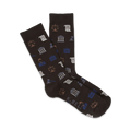 Dark brown crew socks with a fun pattern of law-themed icons: scales of justice, gavels, briefcases, and buildings in blue and beige.