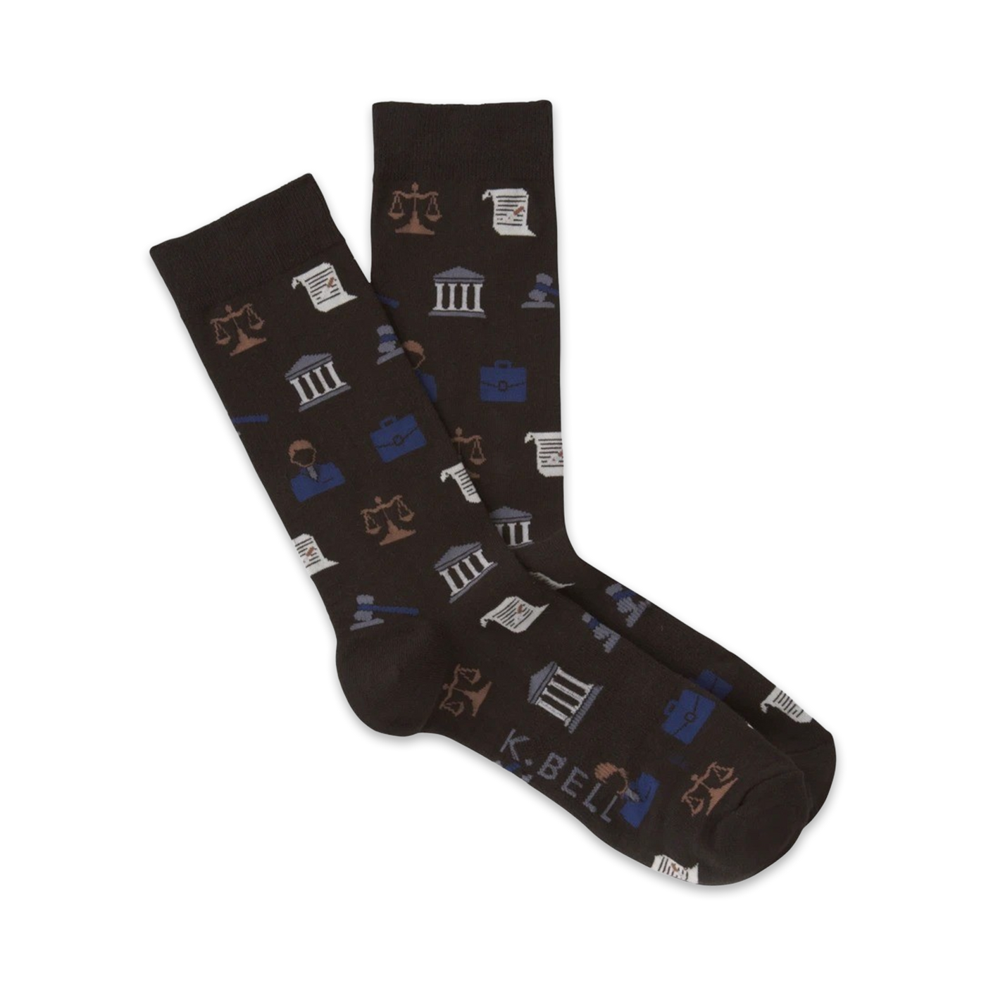 Dark brown crew socks with a fun pattern of law-themed icons: scales of justice, gavels, briefcases, and buildings in blue and beige.