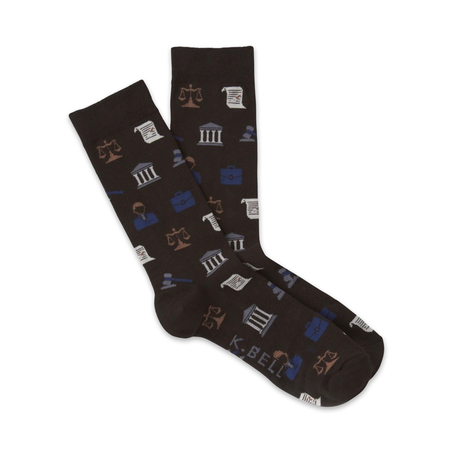 Dark brown crew socks with a fun pattern of law-themed icons: scales of justice, gavels, briefcases, and buildings in blue and beige.