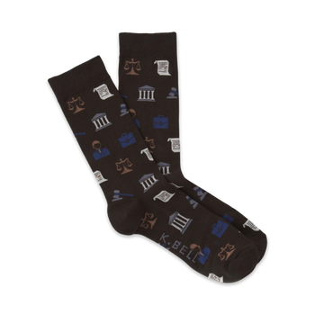 crew-length brown socks with gavels, scales, and columns for men.  