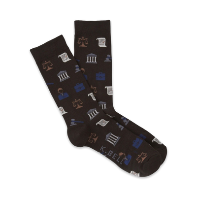 crew-length brown socks with gavels, scales, and columns for men.  