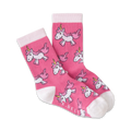 Pink crew socks with a pattern of cute pink and white unicorns. White cuffs.
