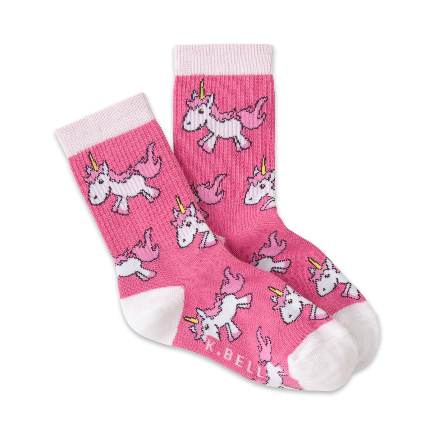 Pink crew socks with a pattern of cute pink and white unicorns. White cuffs.