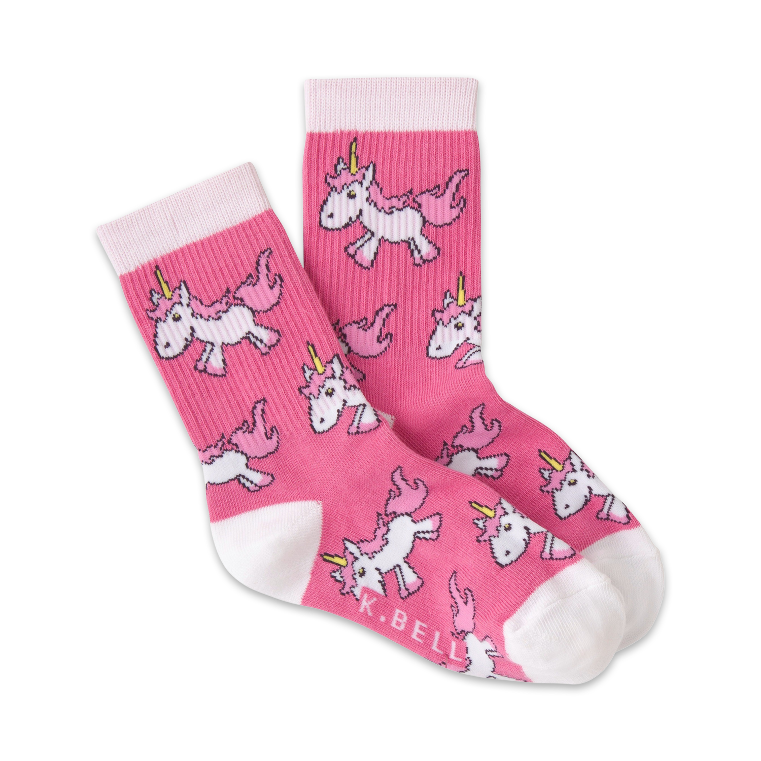 Pink crew socks with a pattern of cute pink and white unicorns. White cuffs.