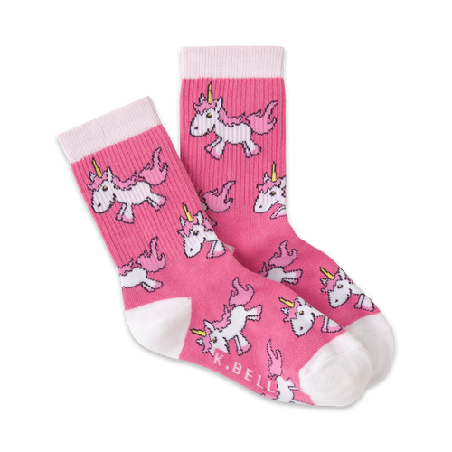 Pink crew socks with a pattern of cute pink and white unicorns. White cuffs.