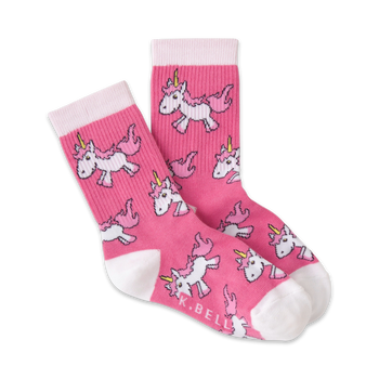 spark imagination in pink and white unicorn crew socks for kids, featuring white unicorns with pink manes and saddles.