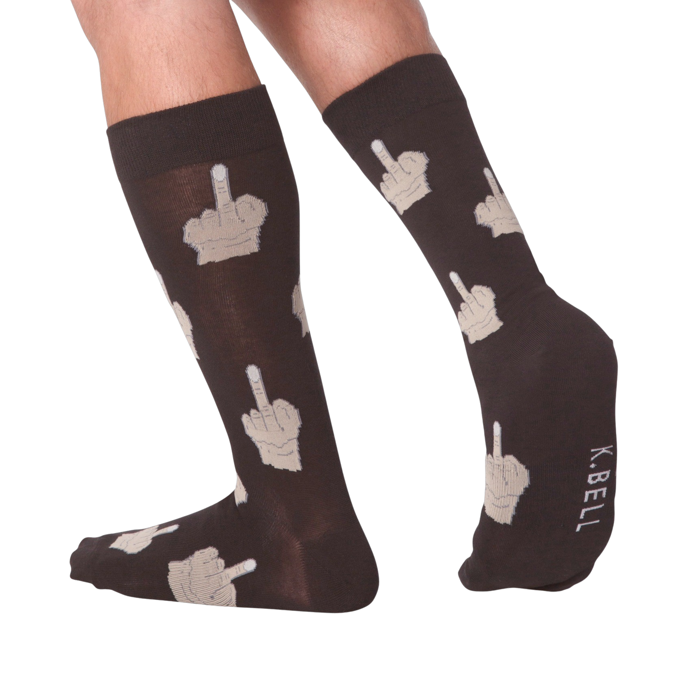 Lifestyle shot showing the Middle Finger socks on a person's legs, showcasing how the socks look when worn.