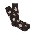 Pair of dark brown crew socks featuring a repeated pattern of beige middle finger illustrations.  The K.Bell logo is subtly visible near the bottom.