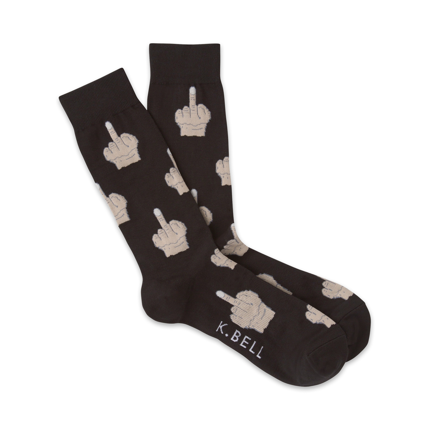 Pair of dark brown crew socks featuring a repeated pattern of beige middle finger illustrations.  The K.Bell logo is subtly visible near the bottom.
