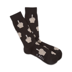 Pair of dark brown crew socks featuring a repeated pattern of beige middle finger illustrations.  The K.Bell logo is subtly visible near the bottom.
