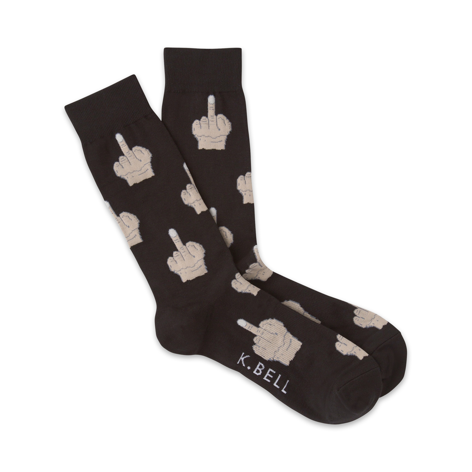 Pair of dark brown crew socks featuring a repeated pattern of beige middle finger illustrations.  The K.Bell logo is subtly visible near the bottom.