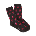 Pair of dark grey crew socks with a repeating pattern of red and pink ladybugs.  K.Bell logo on the bottom.