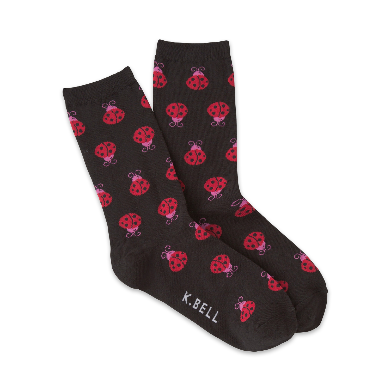 Pair of dark grey crew socks with a repeating pattern of red and pink ladybugs.  K.Bell logo on the bottom.