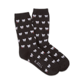 Pair of dark gray crew socks with a repeating pattern of white teeth and small red hearts. The socks are made by K.Bell.