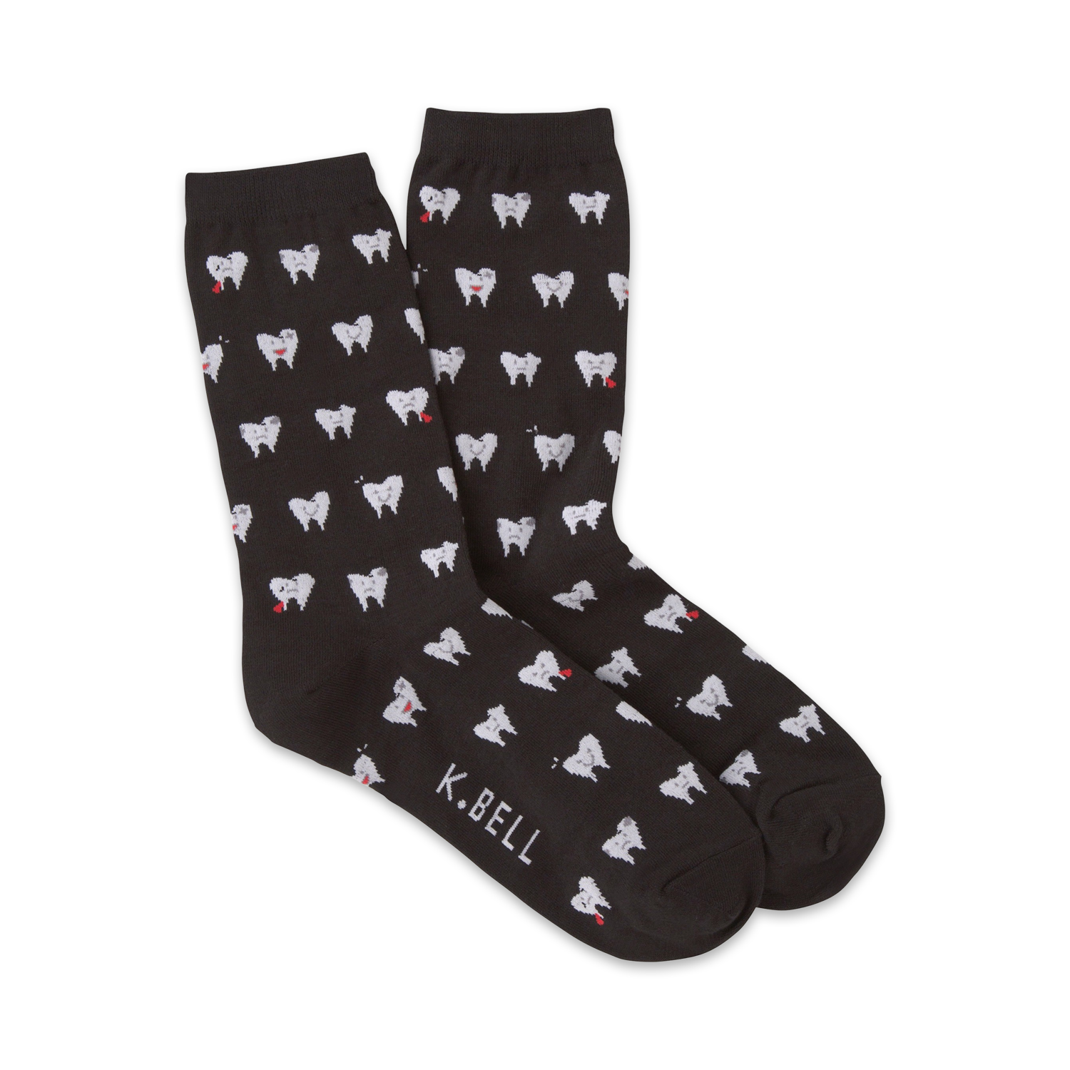 Pair of dark gray crew socks with a repeating pattern of white teeth and small red hearts. The socks are made by K.Bell.