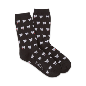 black crew socks with white teeth pattern and red tongue for women. fun dental theme sock novelty item.   