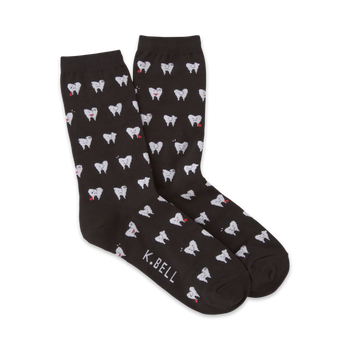 black crew socks with white teeth pattern and red tongue for women. fun dental theme sock novelty item.   