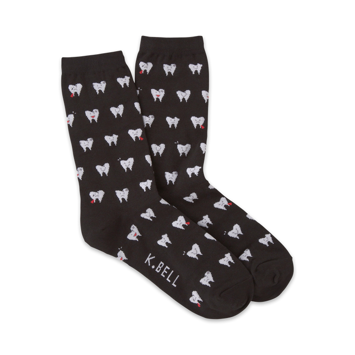 black crew socks with white teeth pattern and red tongue for women. fun dental theme sock novelty item.    }}