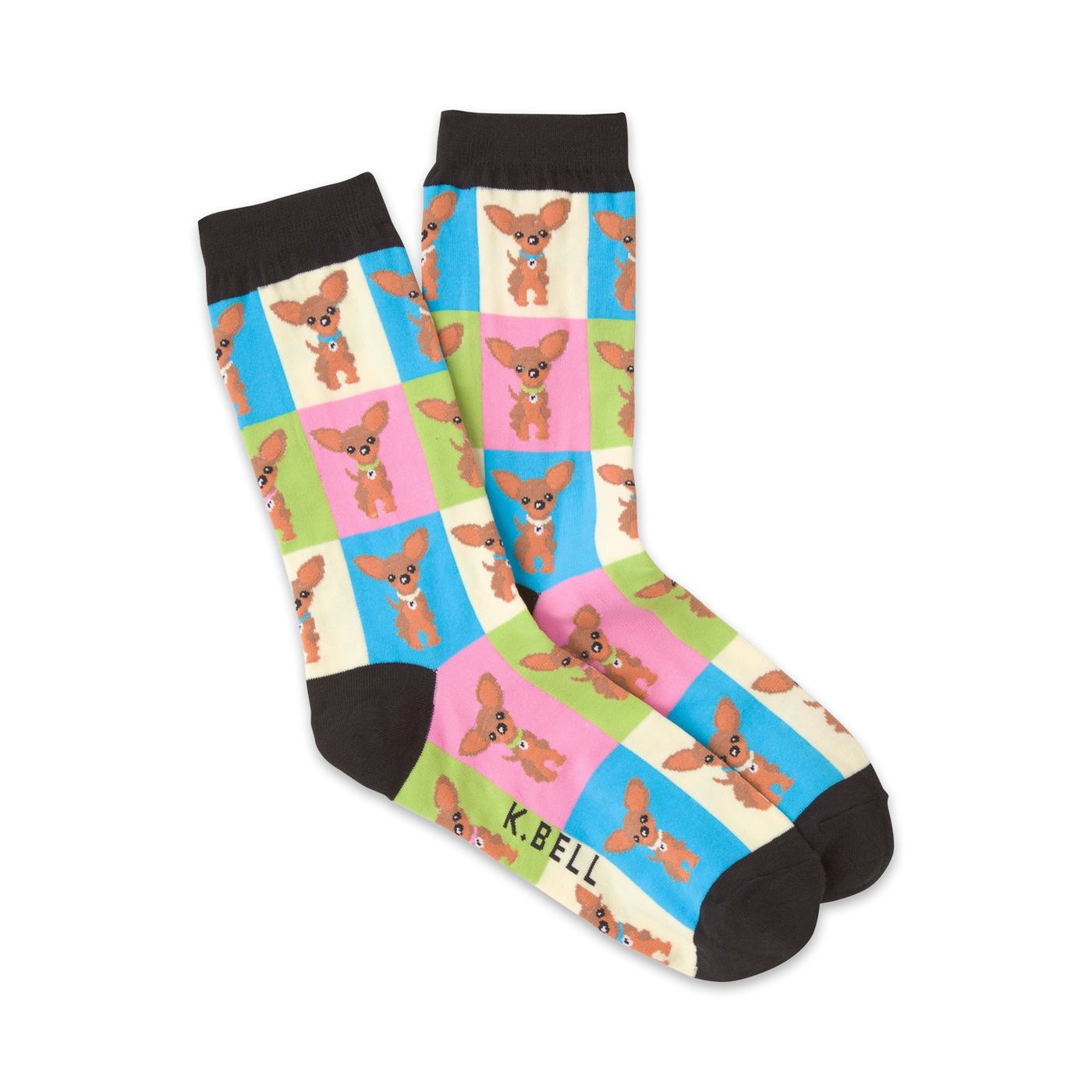 Pair of crew socks with a colorful checkered pattern. Each square features an illustration of a brown Chihuahua. Colors include pink, light green, light blue, and cream.